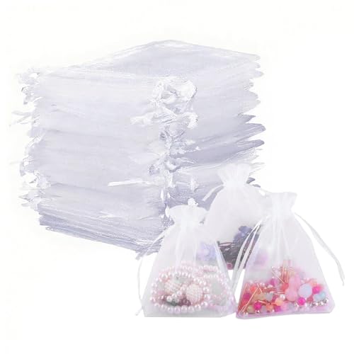 Lot de 100 Sachets Organza Blanc 7x9cm, Petit Sachet Transparent avec Cordon de Serrage, Pochette Bijoux, Sachet Bonbon pour Cadeaux, Mariage, Anniversaire, Fête - Gicctyble