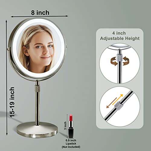 Furgatti Lighted Makeup Mirror, Vanity Mirror With 3 Color Lights, 360 Rotation, Height Adjustable, 1X/10X Magnification, 8 Inch Tabletop Cosmetic Mirror With Touch Control Lights For Makeup, Nickel #TOP1