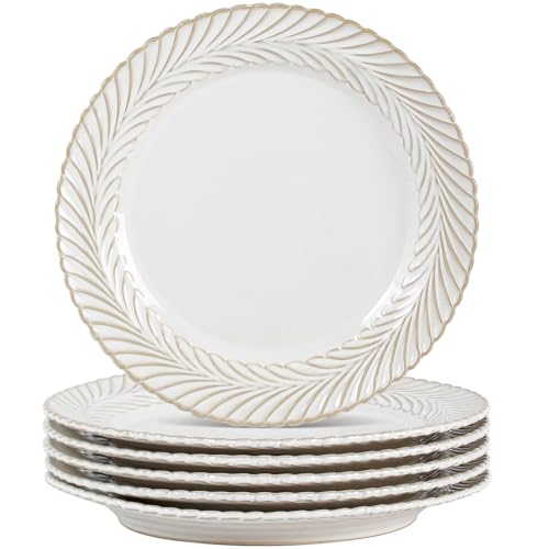 Maxramic Ceramic Dinner Plates, Set of 6, Microwave & Dishwasher Safe, Plates for Everyday Dining or Entertaining with Embossments Housewarming Gift (8 inch, Wheat Ear)