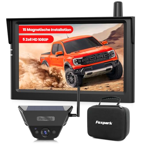 Solar Rückfahrkamera Kabellose Magnetisch: 5 Zoll HD 1080P Bildschirm 1 Min Magnetische Installation Starke Signal IP69K wasserdichte Rückfahrkameras mit Aufbewahrungstasche für Auto SUV LKW Anhänger
