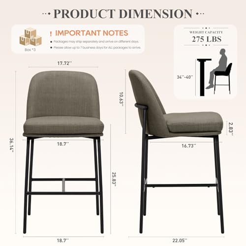 Image of COLAMY Counter Height Bar Stools Set of 6, 25 Inch Modern Fabric Kitchen Island Stools with Back, Upholstered Counter Barstools Armless Bar Chairs with Metal Legs for Island Dining Room Bar,Brown