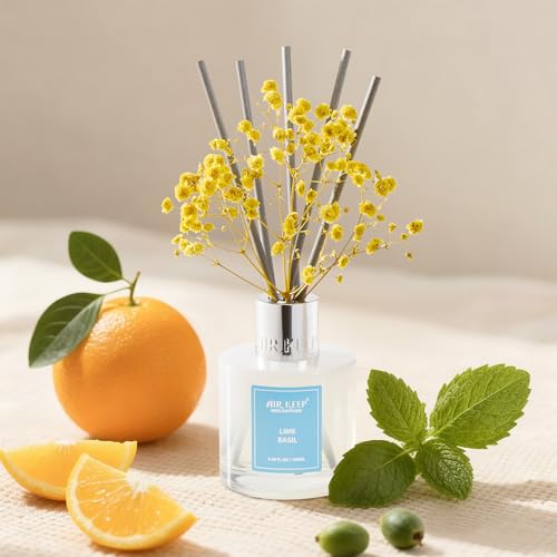 Image of Airkeep Reed Diffuser Set,3.38 fl oz (100 ml) - Lime Basil Oil Diffusers with 8 Reed Sticks, Home Fragrance Reed Diffuser for Bathroom Shelf Decor
