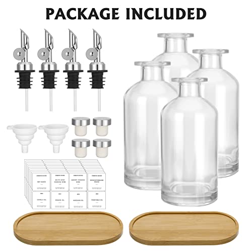 Queen King 4Pcs Olive Oil Dispenser Bottle For Kitchen 11.8Oz Coffee Syrup Dispenser With Bamboo Tray Funnel And Cork Glass Cooking Oil Dispenser Container Cruet With Pourer Spout(Silver) #TOP2