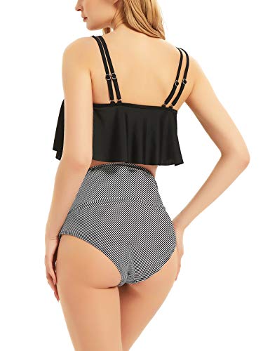 Bhome Maternity Two Pieces Bikini Set High Waisted Bathing Suit Flounce Summer Beachwear Black With Black&White Stripe M #TOP1
