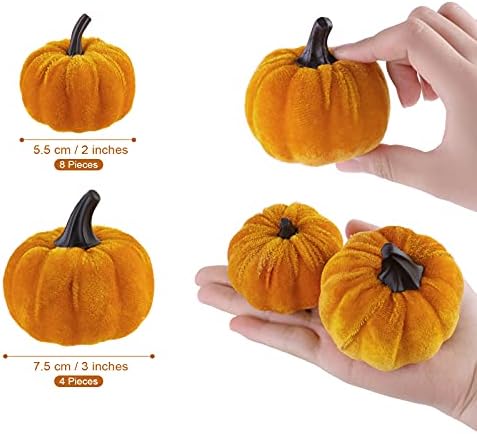 Fovths 12 Pieces Artificial Velvet Pumpkins Fake Decorative Pumpkins Foam Pumpkins Decoration for Halloween Thanksgiving Wedding Harvest, Orange