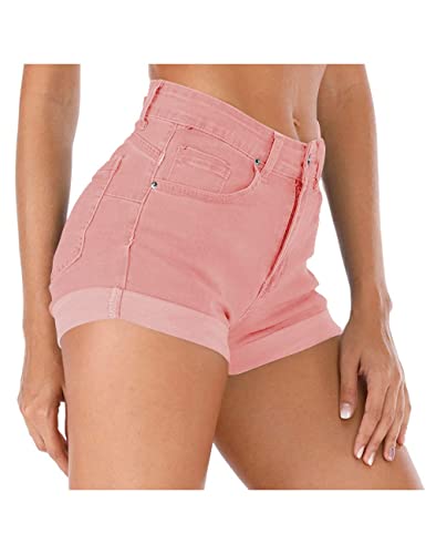 Cuihur Women's Summer High Waisted Denim Shorts Folded Hem Casual Short Jeans A1 Pink 2XL