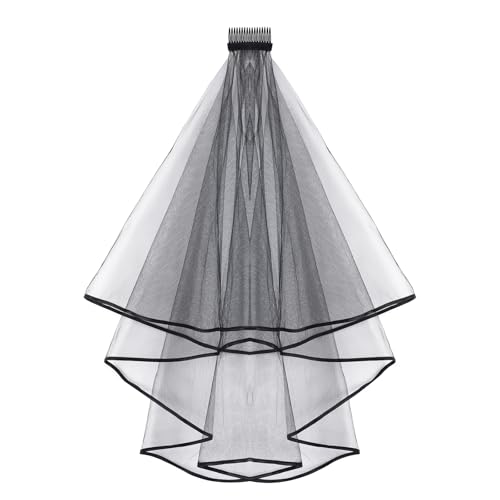 Velo de novia negro corto en tul elegante con horquilla fina