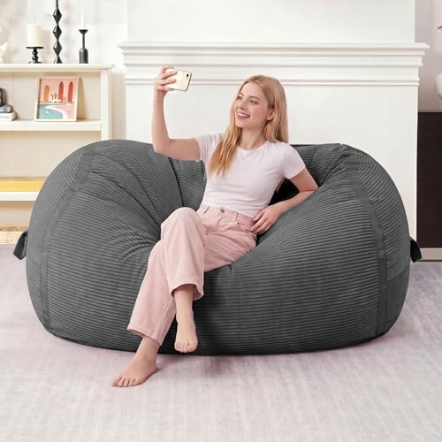 Image of 4FT Bean Bag Chair 4'Big Bean Bag Chairs with Adults, Large Beanbag Chair | Bean bag Lounger with Machine Washable Cover Corduroy Fabric, Comfy Chairs for Living Room Bedroom Dorm, Darkgrey