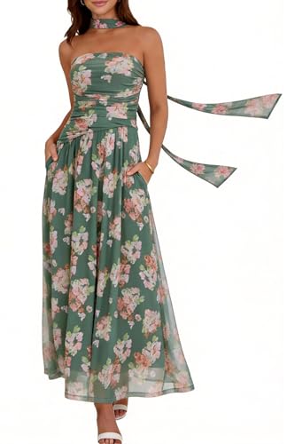 Summer Maxi Dresses for Women 2026 Strapless Ruched Tube Dress