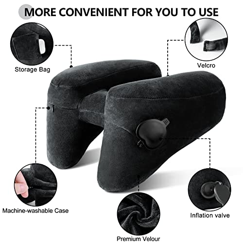 Neck Pillow for Travel Inflatable Airplane Pillow Comfortably Supports Head, Neck and Chin, Inflatable Travel Pillow with Soft Velour Cover and Portable Drawstring Bag (Black) - Thumbnail 3