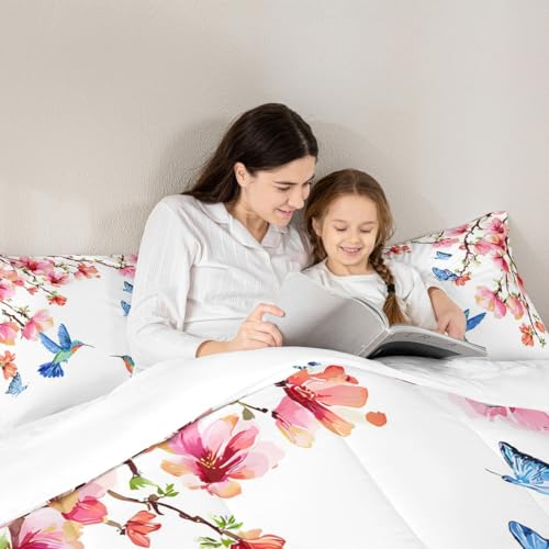Image of Feelyou Hummingbird Floral Botanical Comforter Set King Size Kids Boys | Nature Butterfly Beautiful Colorful Breathable Duvet Set Quilt Set Room Decor Warm Cozy Lightweight All Season