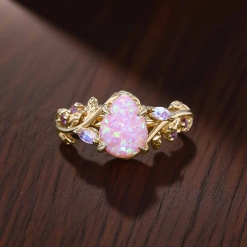 10k 14k 18k Gold Opal Diamond Engagement Rings for Women Pink Opal Ring Vintage ring Unique Nature Inspired Leaf Ring Pink stone Gifts3