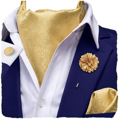 Hi-Tie Men's Cravat And Flower Lapel Pin Set Jacquard Silk Ascot Handkerchief Cufflinks For Wedding Party Daily Dress