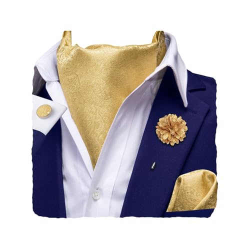 Image of Hi-Tie Silk Ascot for Men Self Tie Men's Cravat and Flower Lapel Pin Handkerchief Cufflinks Set for Wedding Party