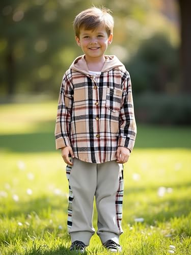 Image of OLMRJKD Toddler Baby Boy Clothes Plaid Long Sleeve Hoodie Sweatshirt + Pants 2pcs Boys Outfit Set