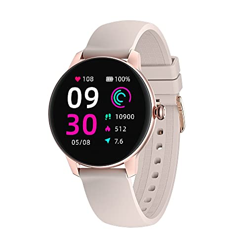LUNIQUESHOP LSFIT SmartWatch für Frauen runde Armbanduhr mit personalisiertem Bildschirm,Musiksteuerung, Herzfrequenz, Schrittzähler, Blutsauerstoff, Kalorie, Fitnessuhr, Android iOs Rosa
