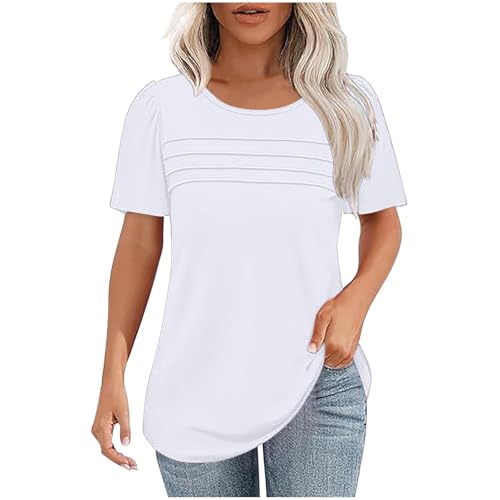 Camisetas de manga corta para mujer, de verano, cuello redondo, estilo casual, blusas elegantes, plisadas, túnicas para salir, cómoda camiseta básica para vacaciones, blanco, M