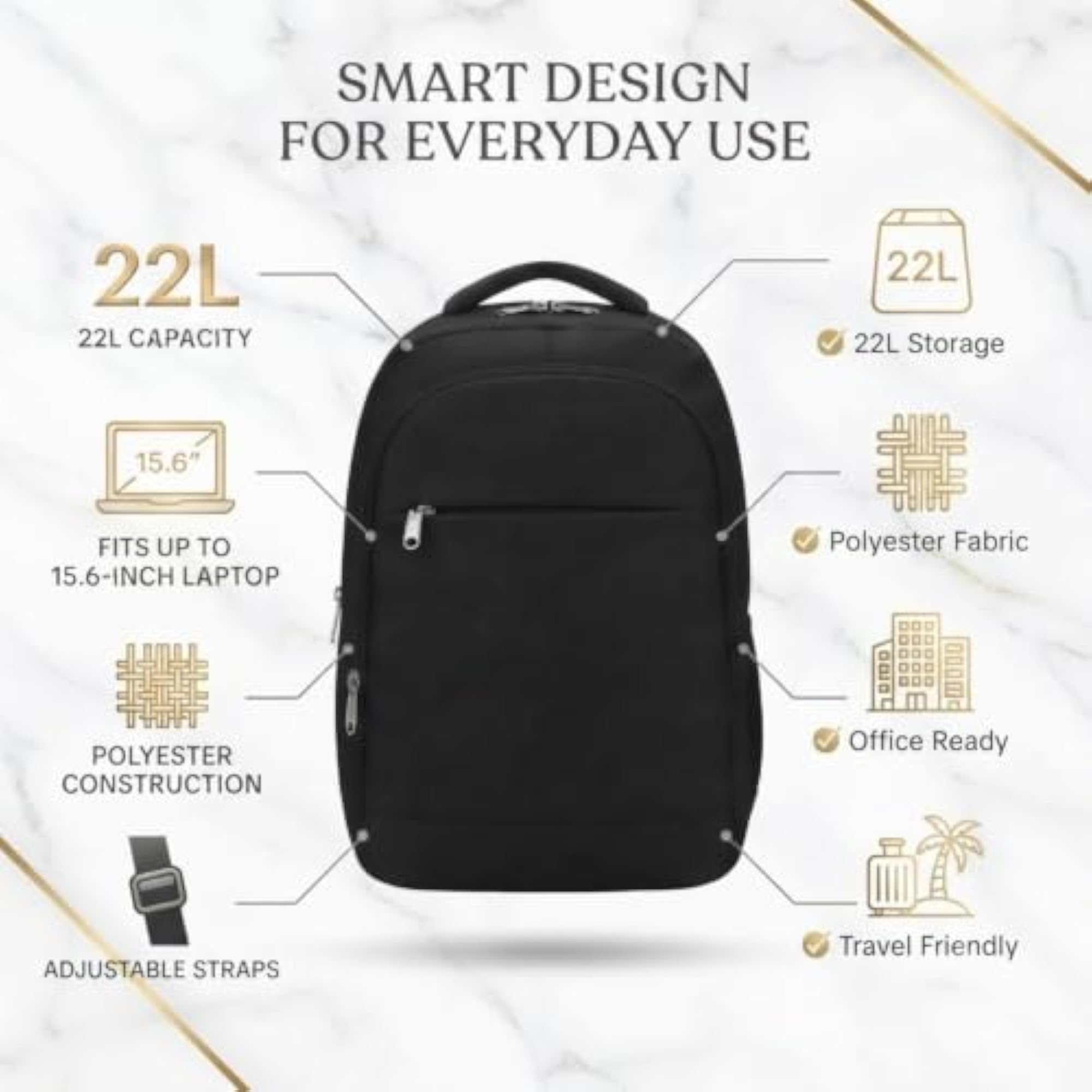 Men's & Women's 22L Water-Resistant Laptop Backpack, Fits 15.6 Inch