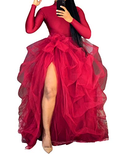 Women's High-Waisted Tulle Tutu Long Skirt A-Line Puff Mesh Skirt Floor Length Solid Color Layered Skirt Wedding Night Out Party Princess Skirt (Red, One Size)