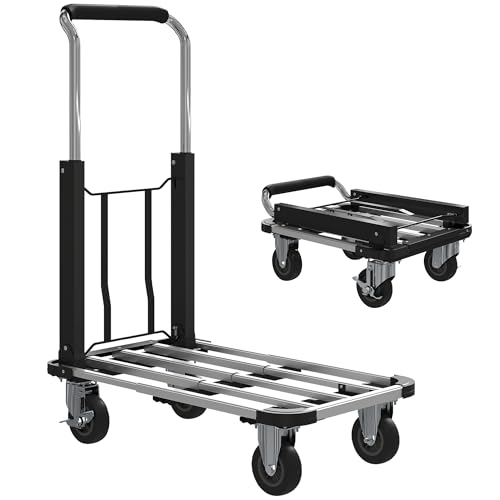 HOMCOM Carretilla Plegable de Aluminio con Ruedas, Carga 150 kg, Carretilla de Mano Robusta con Plataforma Extensible y Mango Ajustable, para Garaje, Oficina, Equipaje, Viajes y Compras, Plata y Negro