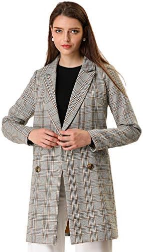 Allegra K Women's Double Breasted Notched Lapel Plaid Trench Blazer Coat X-Large Gray