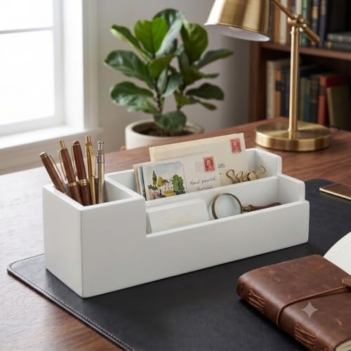 Image of Wooden Desk Organiser with Pen Holder, Mobile & Tablet Stand, Card Holder - Multi-Compartment Office Desk Organizer for Study Table, Bedside Table & Living Room | White Finish