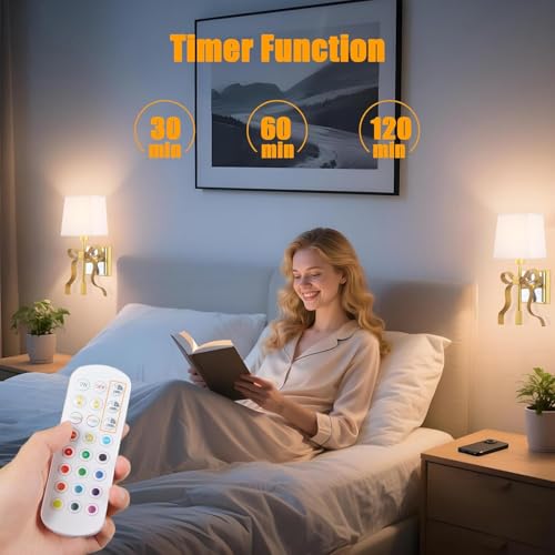 Image of Battery Operated Wall Sconces Set of 2, Gold Rechargeable Bow Wall Light with 5200mAh Dimmable Bulbs & Remote, 15 Colors Wireless Brass Wall Lamp for Bedroom Living Room Hallway Decor