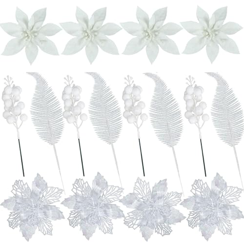 KKSTY Pack of 16 Christmas Glitter Poinsettia Berry Stems Glitter Leaves Set with Clips for Christmas Tree Decor DIY Wreath Making Winter Holiday Home Party Decorations (White)