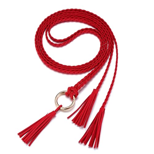 Ayliss Women's Tassel Braided Waist Belt Tie Skinny Woven Belt for Dress Waist Belt Rope Chain with Woven Wooden Beads4
