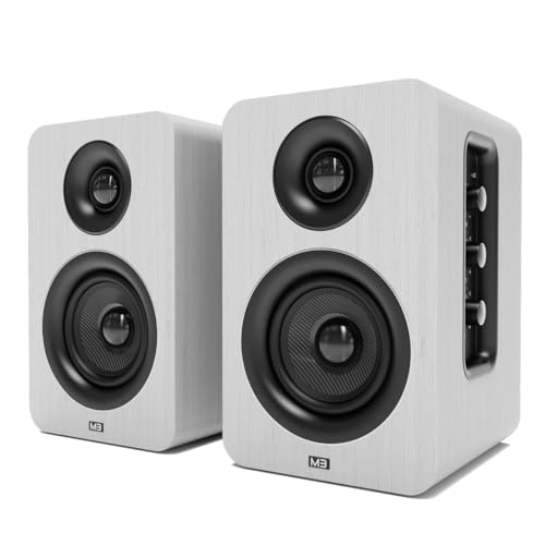 AZATOM Equinox M3 Powered Bookshelf Speakers, 2.0 Active, Bluetooth, Wired, Wooden Enclosure, Perfect for Music, Vinyl records, HiFi Home Theatre, Gaming, Laptops, PC, 60 Watts (White)
