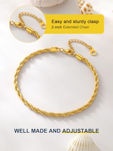Image of ChainsPro Resizable Anklet Chain for Women Men, Figaro /Wheat /Twist Rope /Cuban Foot Bracelet-Strong with Good Clasp-18K Gold Plated(Send Gift Box)