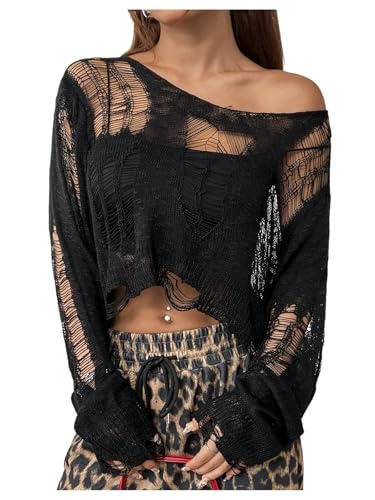 Image of GORGLITTER Women's Y2k Gothic Tops Ripped Knit Party Going Out Crop Top