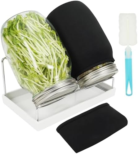Zeato Sprouting Jar Kit Seed Sprouter Set for Growing Broccoli, Alfalfa, Mung Bea, Premium Stainless Steel Screen Sprout Lids, 2 Wide Mouth Mason Jars, Blackout Sleeves, Tray, Stand and Canning Brush