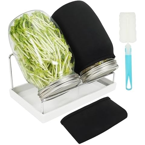 Zeato Sprouting Jar Kit Seed Sprouter Set for Growing Broccoli, Alfalfa, Mung Bea, Premium Stainless Steel Screen Sprout Lids, 2 Wide Mouth Mason Jars, Blackout Sleeves, Tray, Stand and Canning Brush Cover