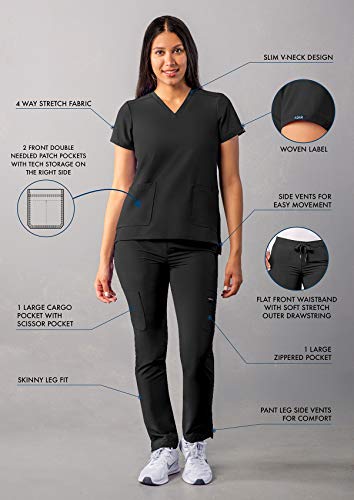 Adar Addition Go-Basic Scrub Set For Women - Slim V-Neck Scrub Top & Skinny Cargo Scrub Pants - A9200 - Black - M #TOP2