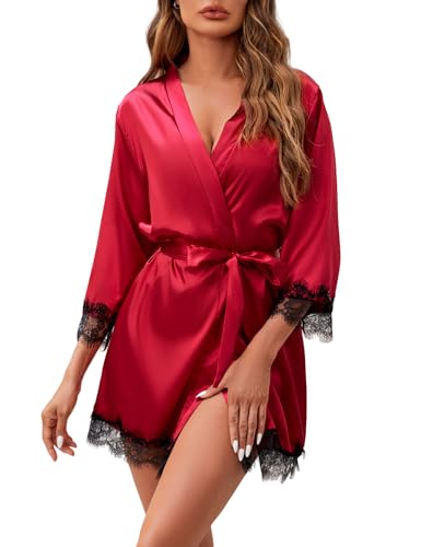 Image of Women's Silk Robe Short Sexy Lace Bride Party Satin Bathrobe Kimono Sleepwear