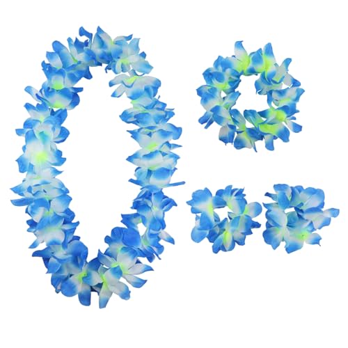Aacehlh Hawaiian Leis Set Hawaiian Luau Flower Leis Necklace Headband Bracelets Set Essential Party Decorations for Birthday Graduation and Wedding Celebrations (Blue)