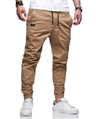 Bilitry Men Joggers Chino Cargo Pants Hiking Outdoor Recreation Pants Twill Fitness Track Jogging Pants Casual Cotton Pants Khaki L