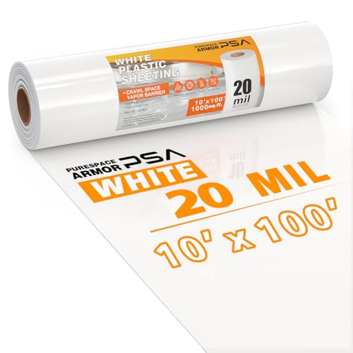 Crawl Space Vapor Barrier, 20 Mil Vapor Barrier, 10'x100', White Plastic Sheeting - Thick Plastic Sheeting, Heavy Duty Polyethylene Film, Drop Cloth Vapor Barrier Covering for Crawl Space, Basement