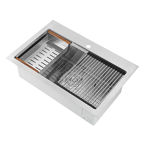 Ancona Handcrafted Dual Mount 30” Single Bowl Workstation Kitchen Sink In Satin Stainless Steel With Accessories #TOP5