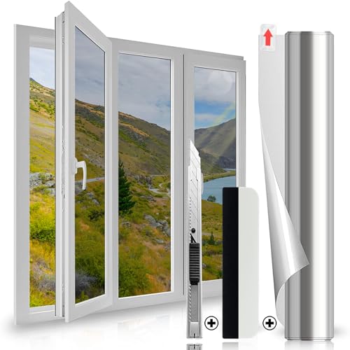 Film Fenetre Anti Regard 30x200cm, Film Miroir pour Fenetre avec Raclette, Filtre Occultant Fenetre Anti UV Chaleur, Brise Vue Adhesif sans Colle, Protection...