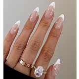 WAFOLOZE Almond Press on Nails,White French Tip Almond Nails Medium Fake/False Nails with Pearl Nails Press on Designs Acrylic Artificial Nails Stick on Nails for Women 24Pcs