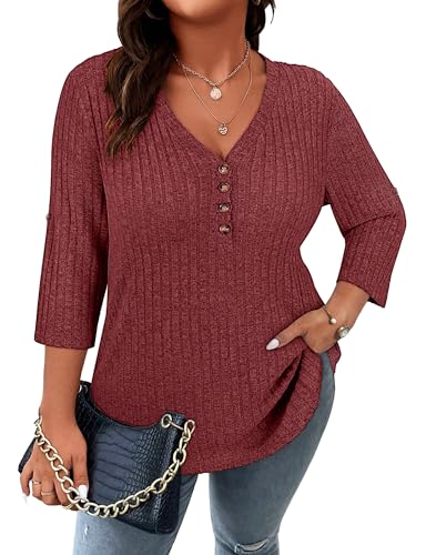 Image of Koscacy Women Plus Size V Neck 3 /4 Roll Sleeve Sweater Casual Knit Tops Solid Color Blouses