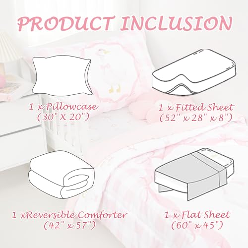 Image of Goose Toddler Bedding Set, 4 Piece Cute Pink Toddler Bed Set for Girls Boys, Soft & Cozy Baby Girl Bedding Including Comforter, Fitted Sheet, Flat Top Sheet and Envelope Pillowcase