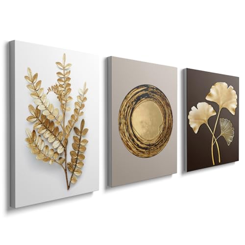 Image of prinfantasy 3 Pcs Wooden Framed Canvas Wall Art Caramel Gold Leaves Canvas Prints Painting Picture for Living Room Bedroom Hallway Stairs Wall Decor 90x40cm (12"x16"x3pcs), YH1401
