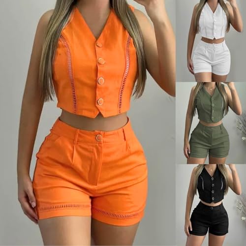 HGps8w Womens 2 Piece Suits Set Sexy Button Down V Neck Crop Blazer Vest and Pockets Shorts Trendy Summer Work Office Outfits2