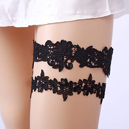 Wedding Garters For Bride Lace Bridal Garter Set 2 Pieces, Women's White Garter Belt Wedding Bridal Garter Prom Garter Bridal Accessories Lingerie Leg Garter Belts (Rose-Black) #TOP2