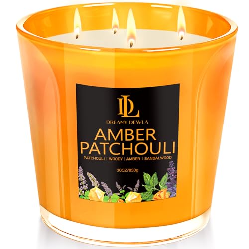 Amber Patchouli Scented Candle, Large 30oz Natural Soy Candles, 4-Wick 80 Hour Burn Time, Home