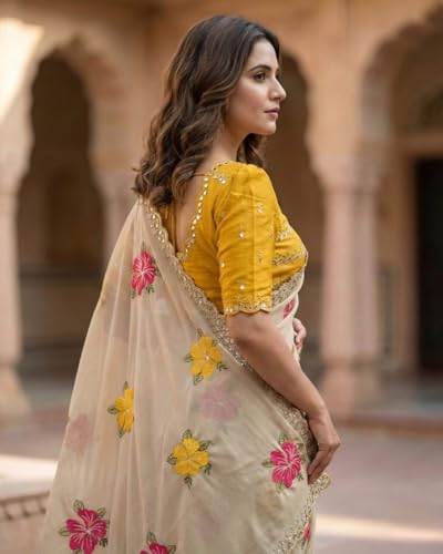 Image of Handcrafted Floral Embroidered Saree with Contrast Blouse