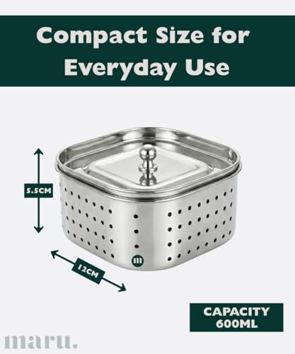 Image of MARU Steel Paneer Maker Box 600ml, Square Shape Paneer Press with Lid, Tofu Press Mould, Whey Separator Channi, Healthy Homemade Paneer /Tofu /Sprouts Maker, Durable & Easy to Clean (12x12x5.5 cms)